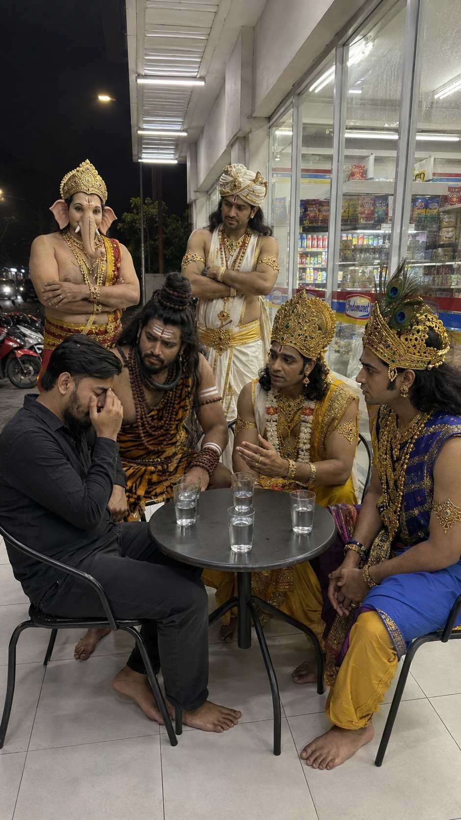 Indian Man with Lord Shiva, Vishnu, Krishna, Ganesha Promt